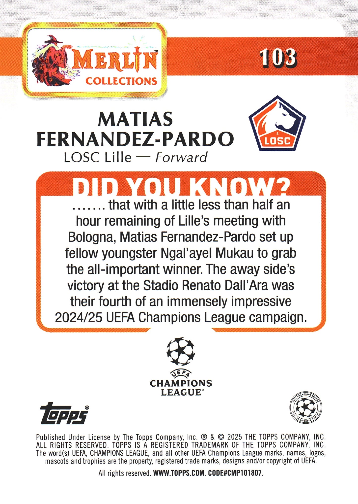 2024 Topps Merlin UCC Pink /199 Matias Fernandez Pardo #103 LOSC