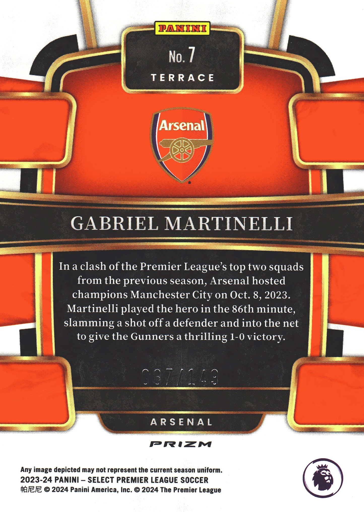 2023 Panini Select FIFA Red Wave /149 Gabriel Martinelli #7 Arsenal