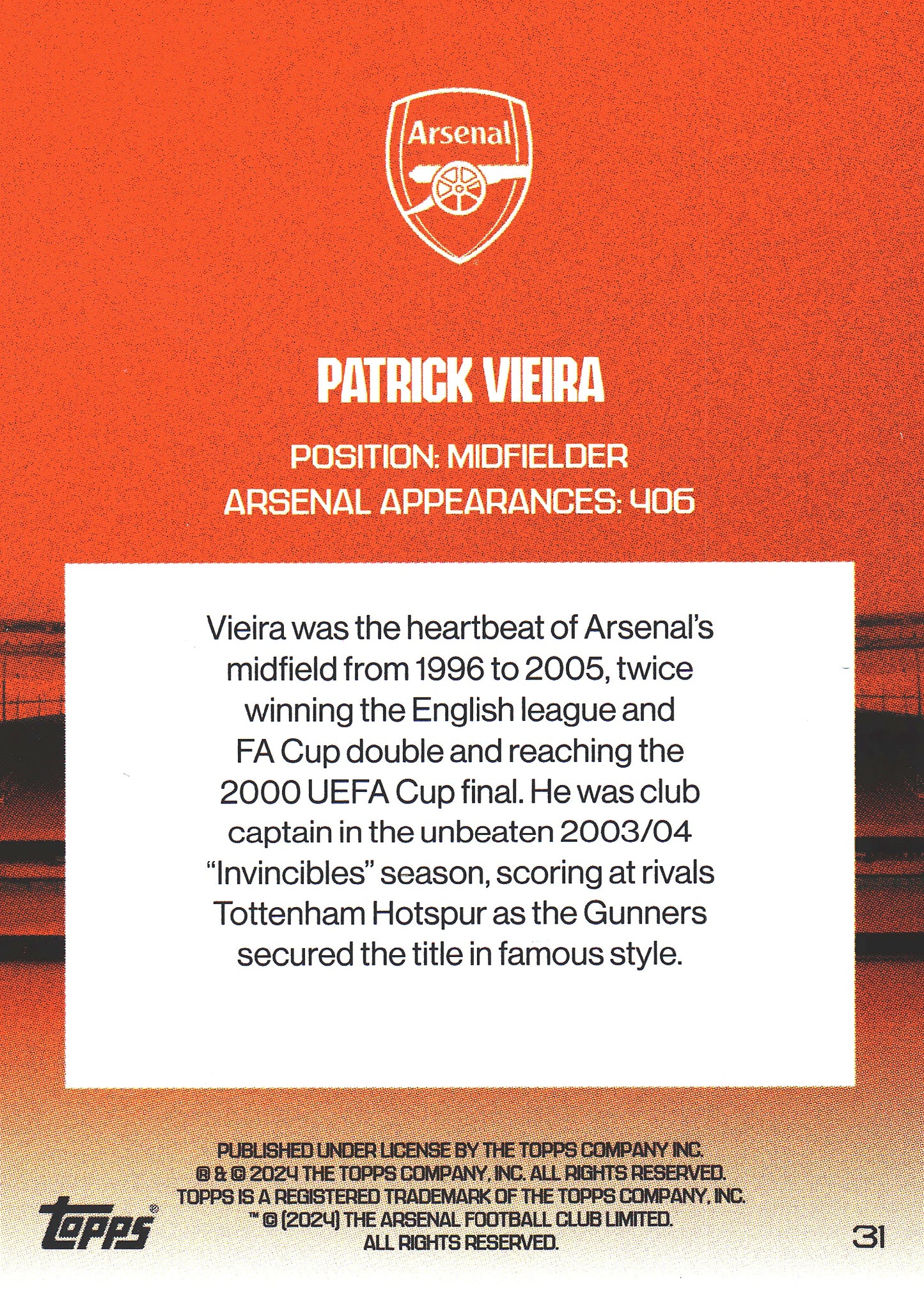 2023 Topps Arsenal Team Set North London Forever Patrick Vieira #31 Arsenal