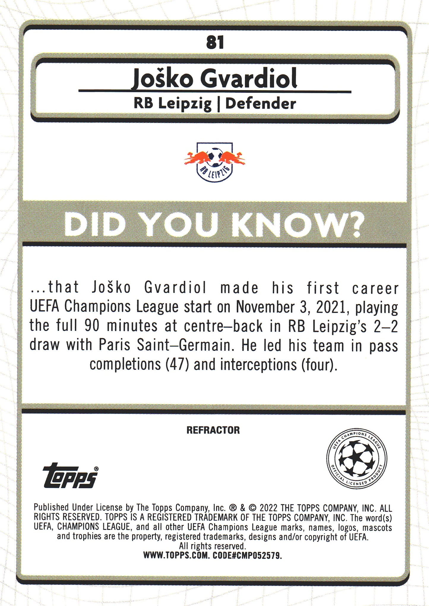 2021 Topps Merlin UCC Refractor Josko Gvardiol #81 RB Leipzig