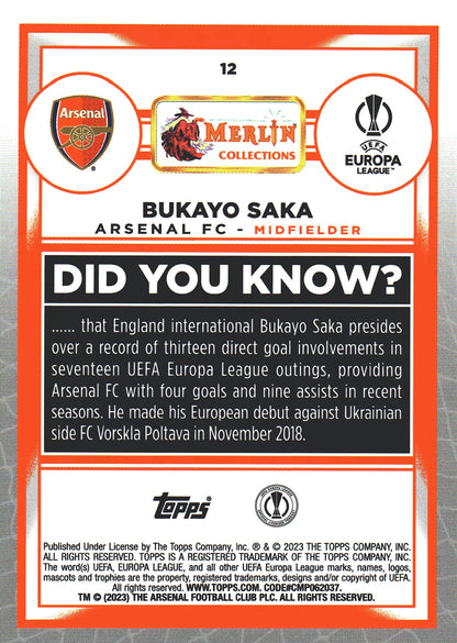 2022 Topps Merlin UCC Aqua Prism Bukayo Saka #12 Arsenal