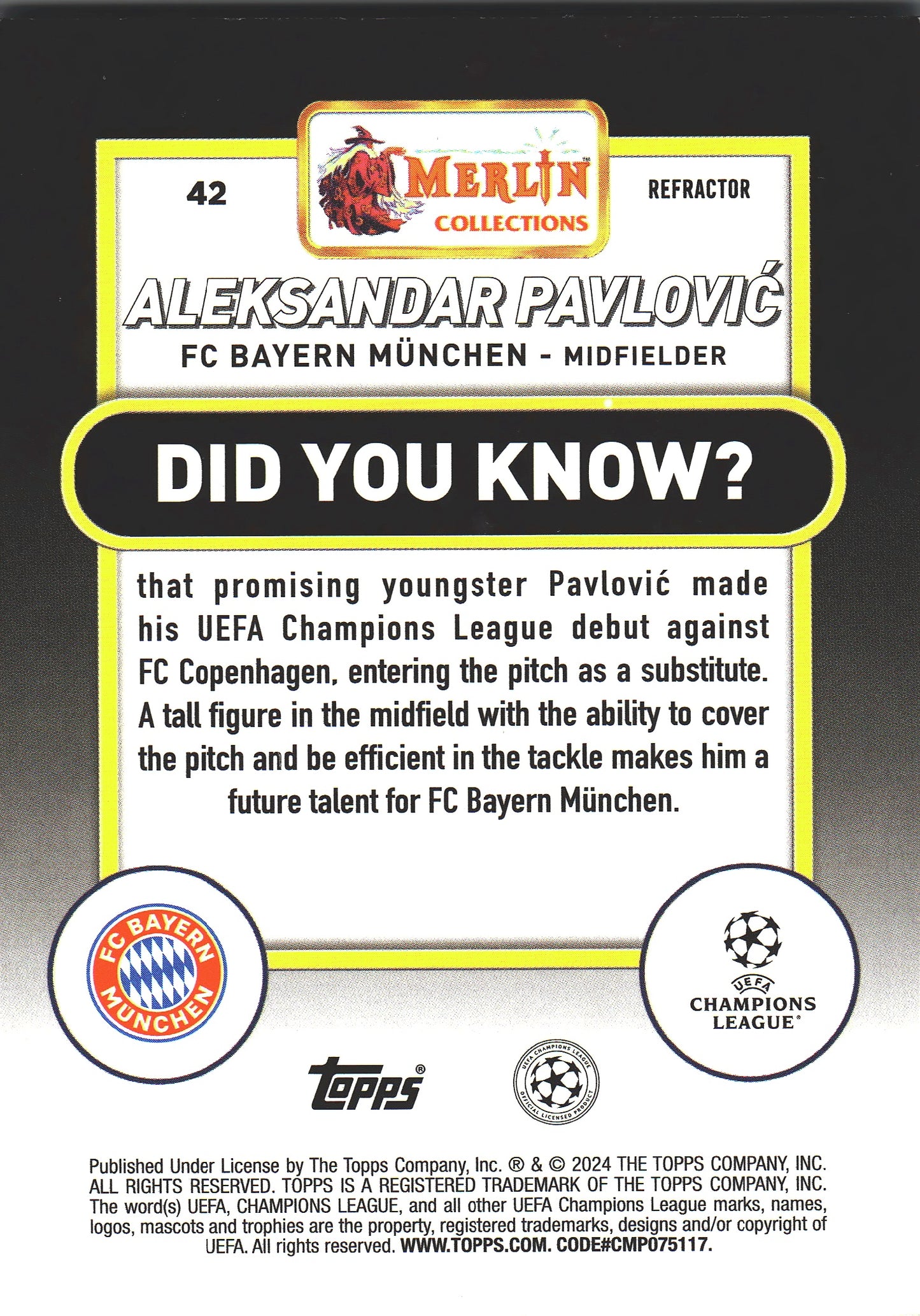 2023 Topps Merlin UCC Alexandar Pavlovic RC #42 Bayern Munich