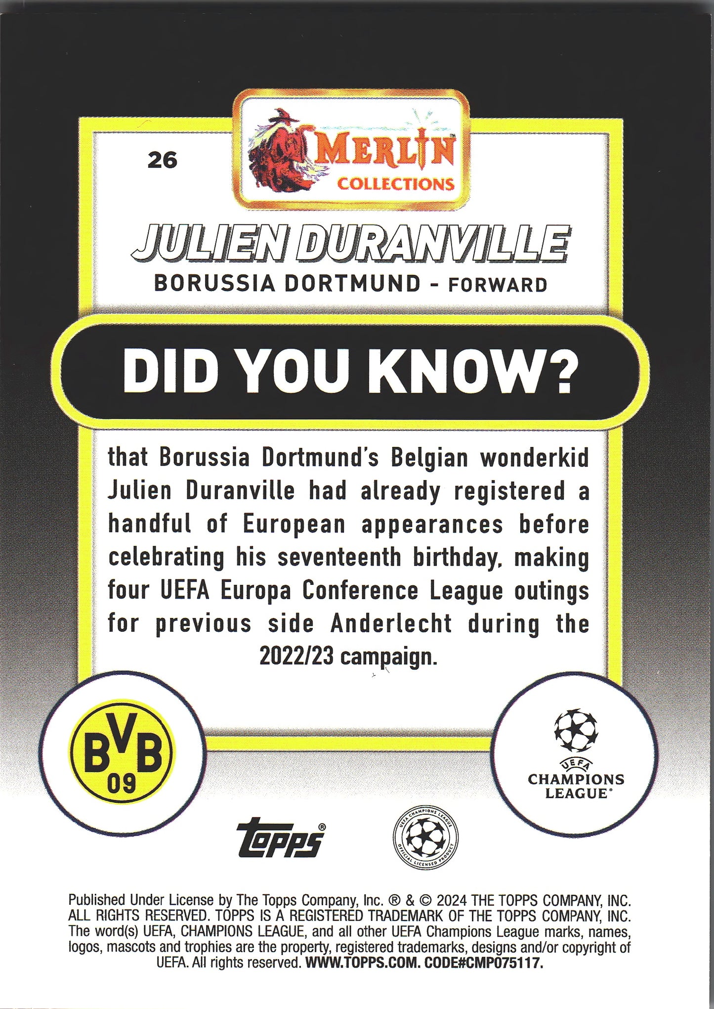 2023 Topps Merlin UCC Pink Mojo /275 Julien Duranville RC #26 BVB Dortmund