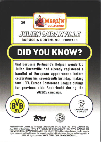 2023 Topps Merlin UCC Pink Mojo /275 Julien Duranville RC #26 BVB Dortmund