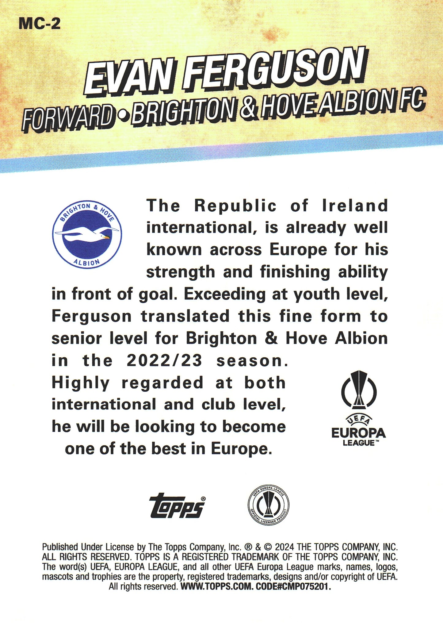 2023 Topps Merlin UCC Merlin's Chosen Ones Evan Ferguson #MC-2 Brighton