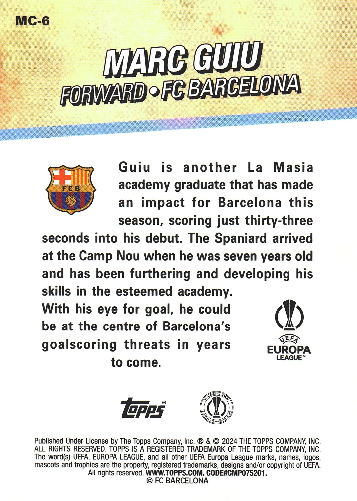 2023 Topps Merlin UCC Merlin's Chosen Ones Marc Guiu RC #MC-6 FC Barcelona