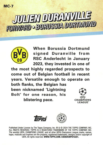 2023 Topps Merlin UCC Merlin's Chosen Ones Julien Duranville RC #MC-7 Dortmund