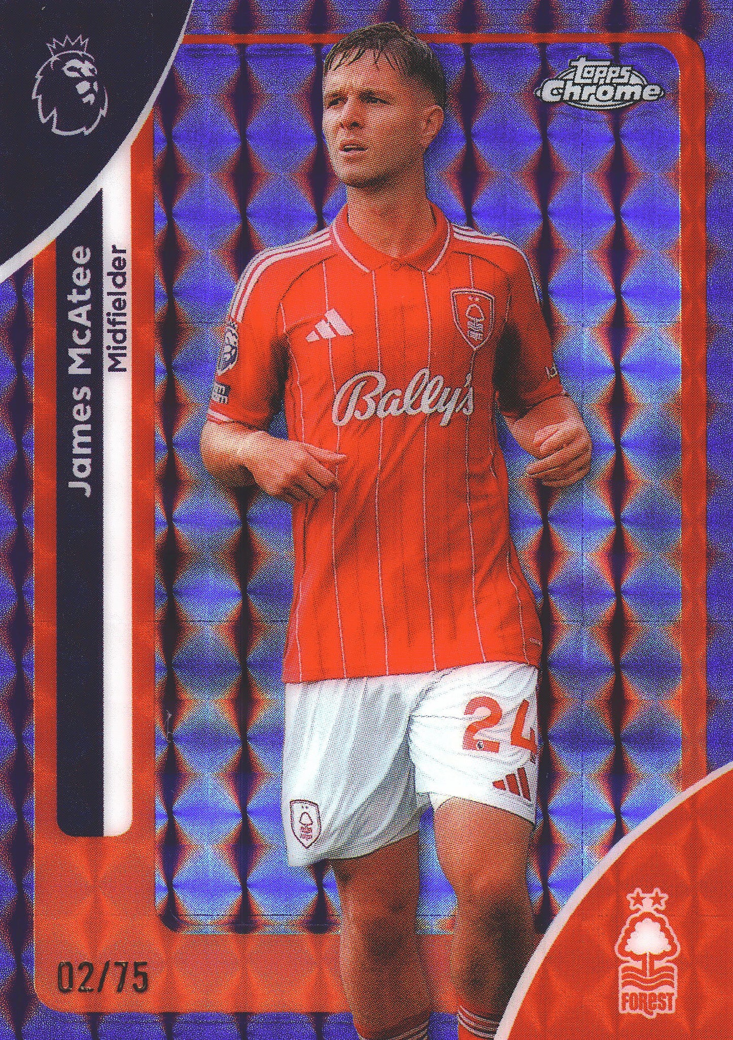 2025 Topps Chrome PL Purple Geometric /75 James McAtee #156 Nottingham Forest