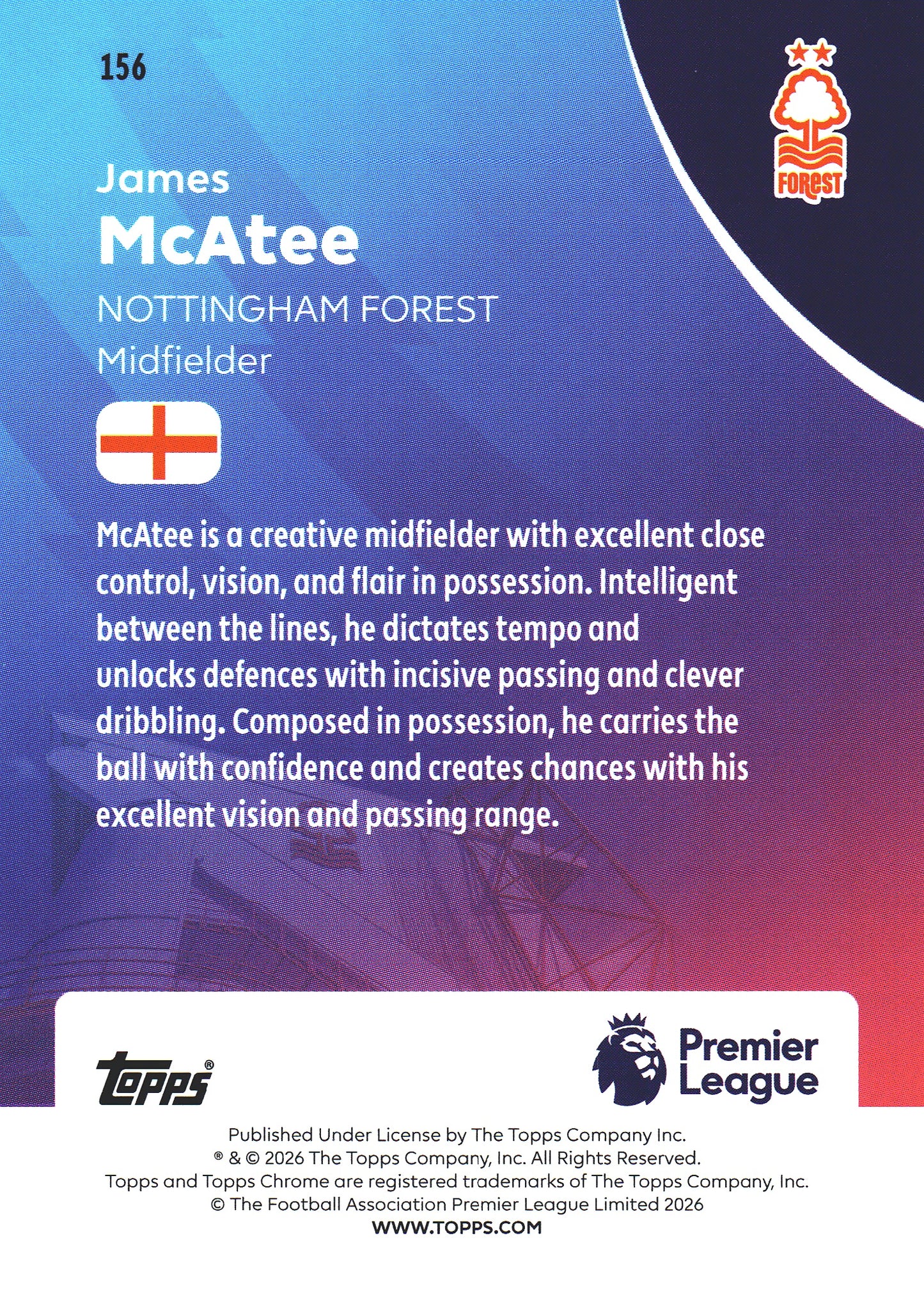2025 Topps Chrome PL Purple Geometric /75 James McAtee #156 Nottingham Forest