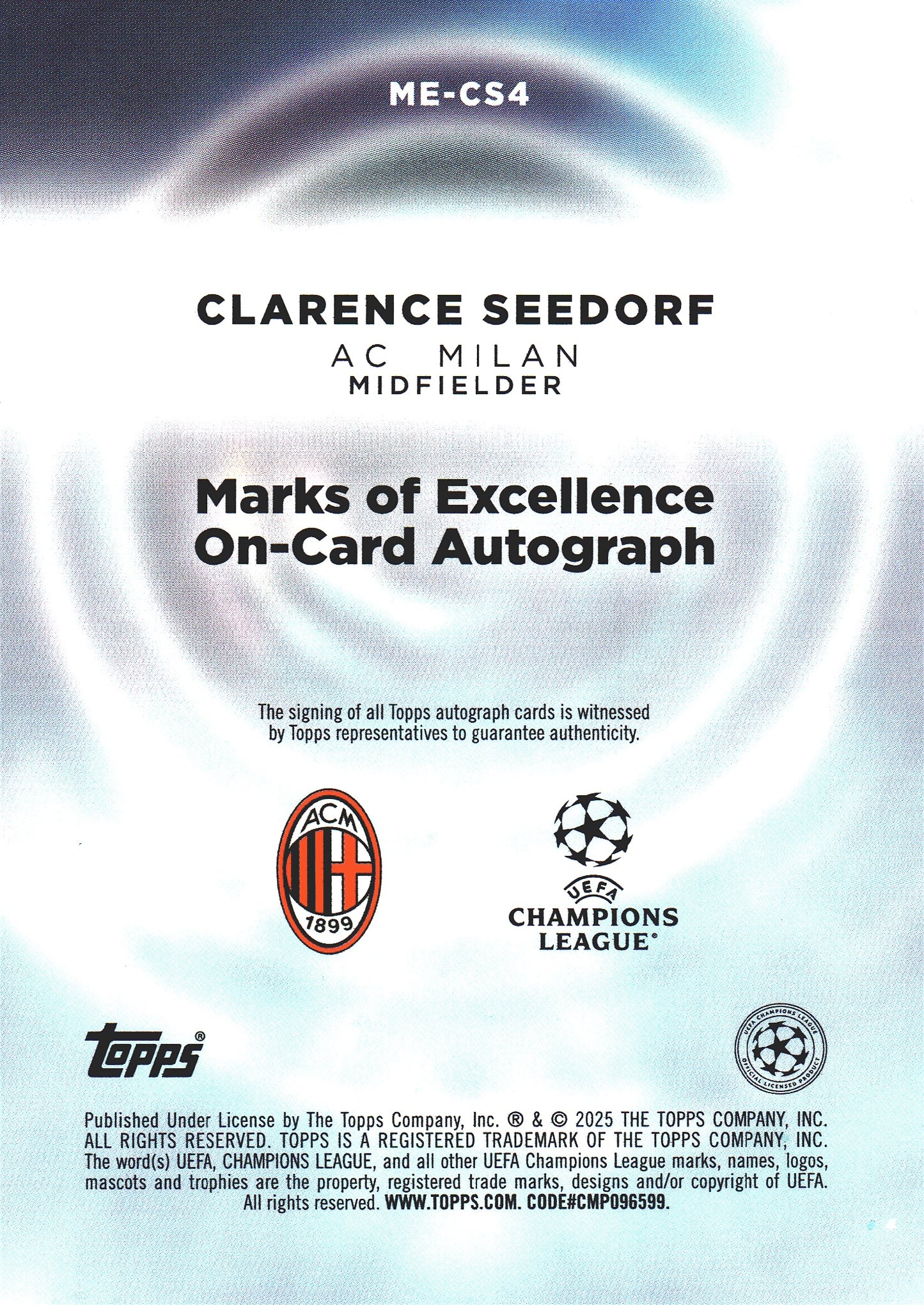 2025 Topps Marks of Excellence Clarence Seedorf Auto /25 #ME-CS4 AC Milan
