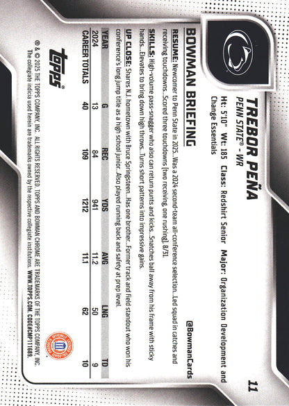 2025 Topps Bowman U Chrome Sapphire 1st Trebor Pena #11 Penn State Nittany Lions