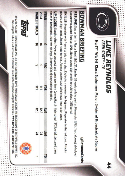 2025 Topps Bowman U Chrome Sapphire 1st Luke Reynolds #44 Penn State Nittany Lions
