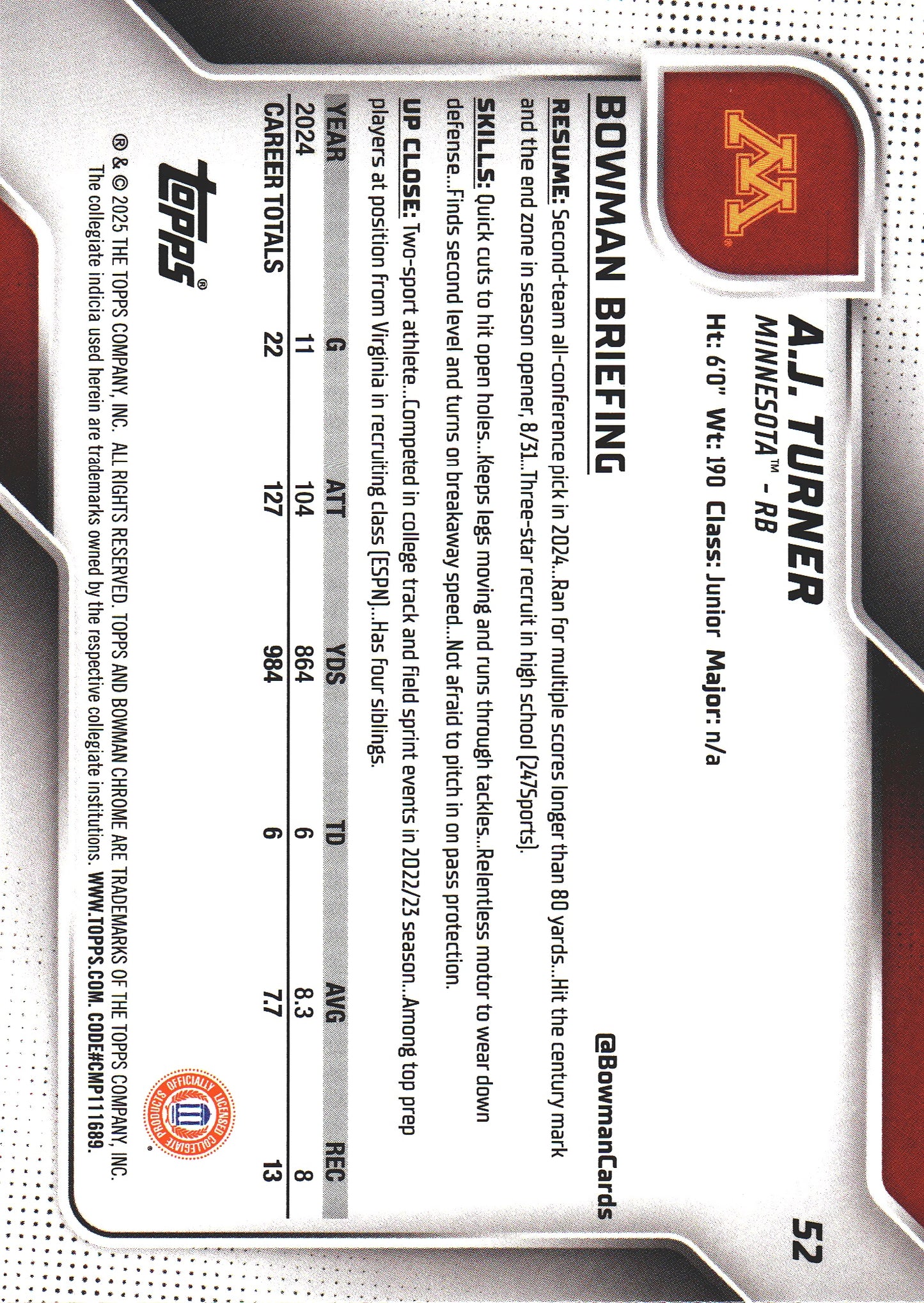 2025 Topps Bowman U Chrome Sapphire 1st A.J. Turner #52 Minnesota Golden Gophers