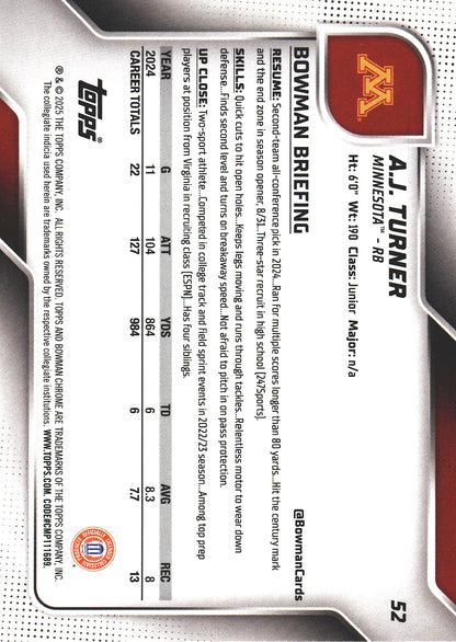2025 Topps Bowman U Chrome Sapphire 1st A.J. Turner #52 Minnesota Golden Gophers
