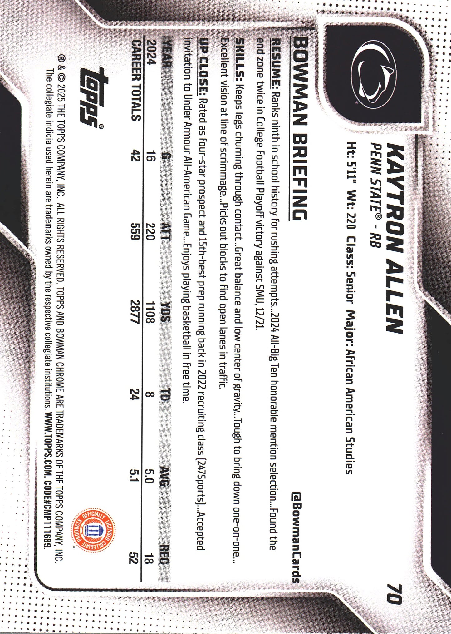 2025 Topps Bowman U Chrome Sapphire 1st Kaytron Allen #70 Penn State Nittany Lions