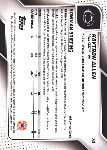 2025 Topps Bowman U Chrome Sapphire 1st Kaytron Allen #70 Penn State Nittany Lions
