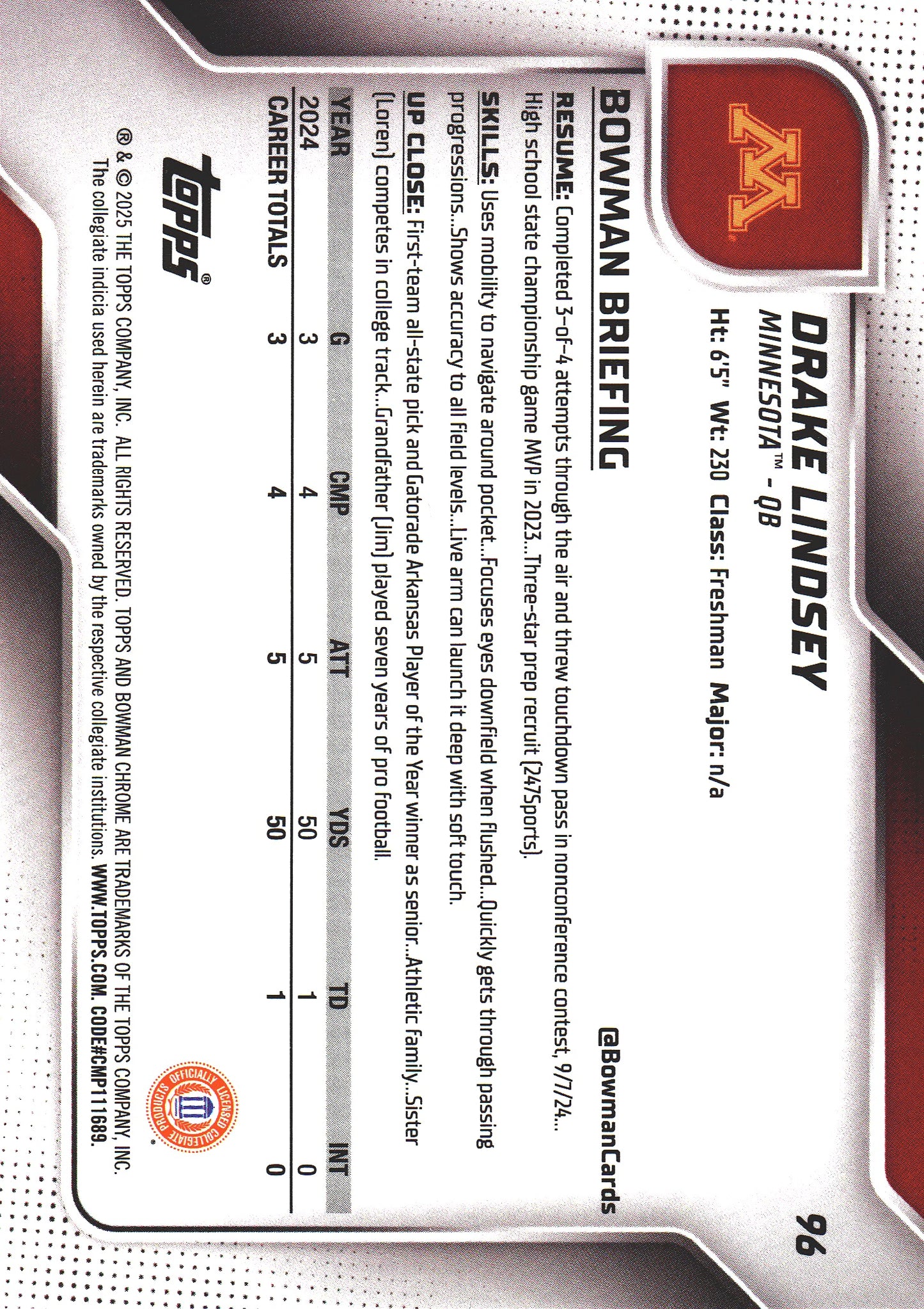 2025 Topps Bowman U Chrome Sapphire 1st Drake Lindsey #96 Minnesota Golden Gophers