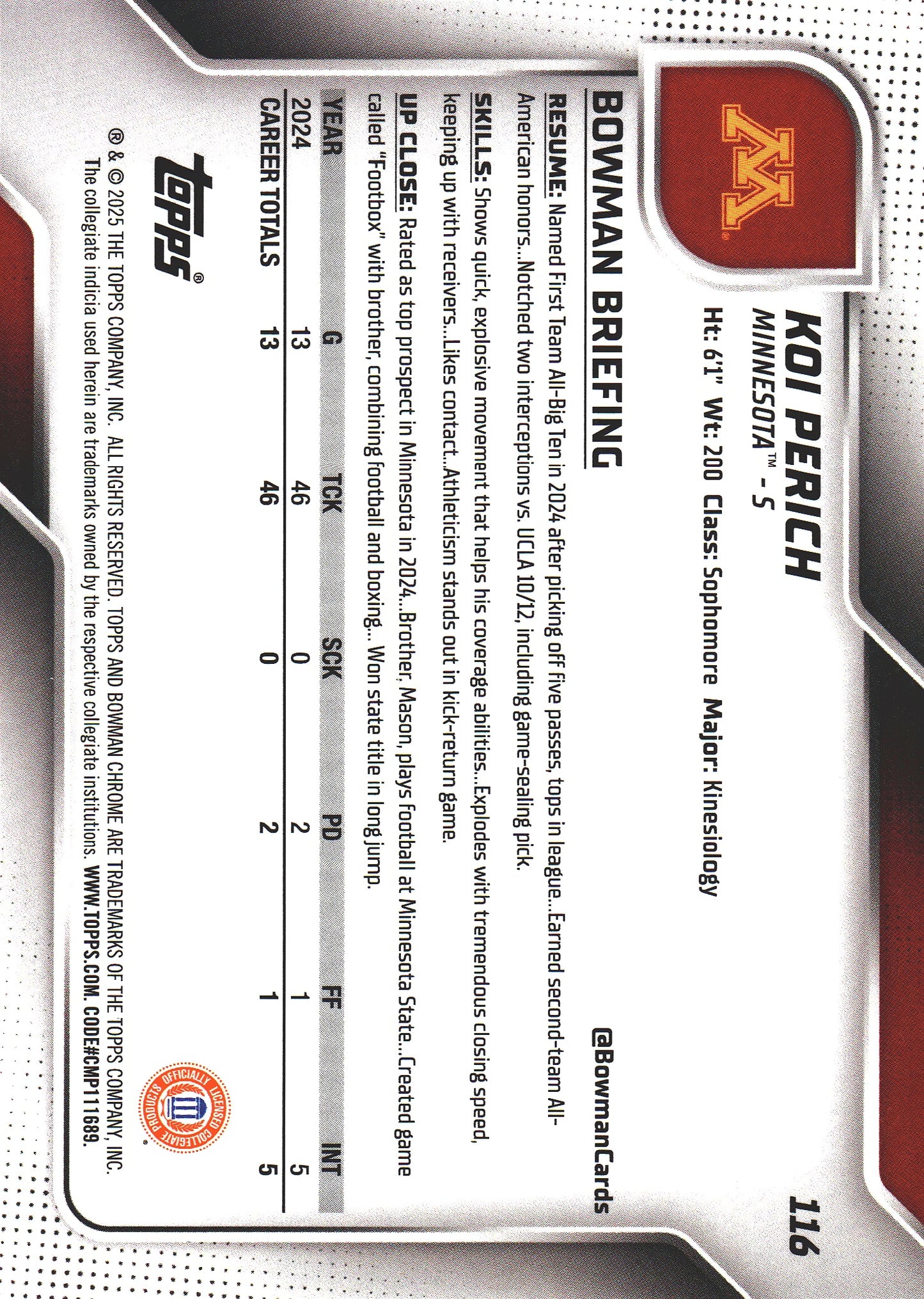 2025 Topps Bowman U Chrome Sapphire 1st Koi Perich #116 Minnesota Golden Gophers