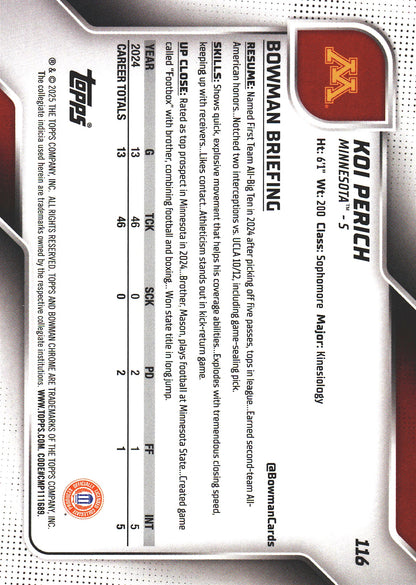 2025 Topps Bowman U Chrome Sapphire 1st Koi Perich #116 Minnesota Golden Gophers
