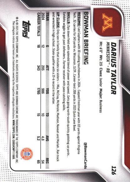 2025 Topps Bowman U Chrome Sapphire 1st Darius Taylor #126 Minnesota Golden Gophers