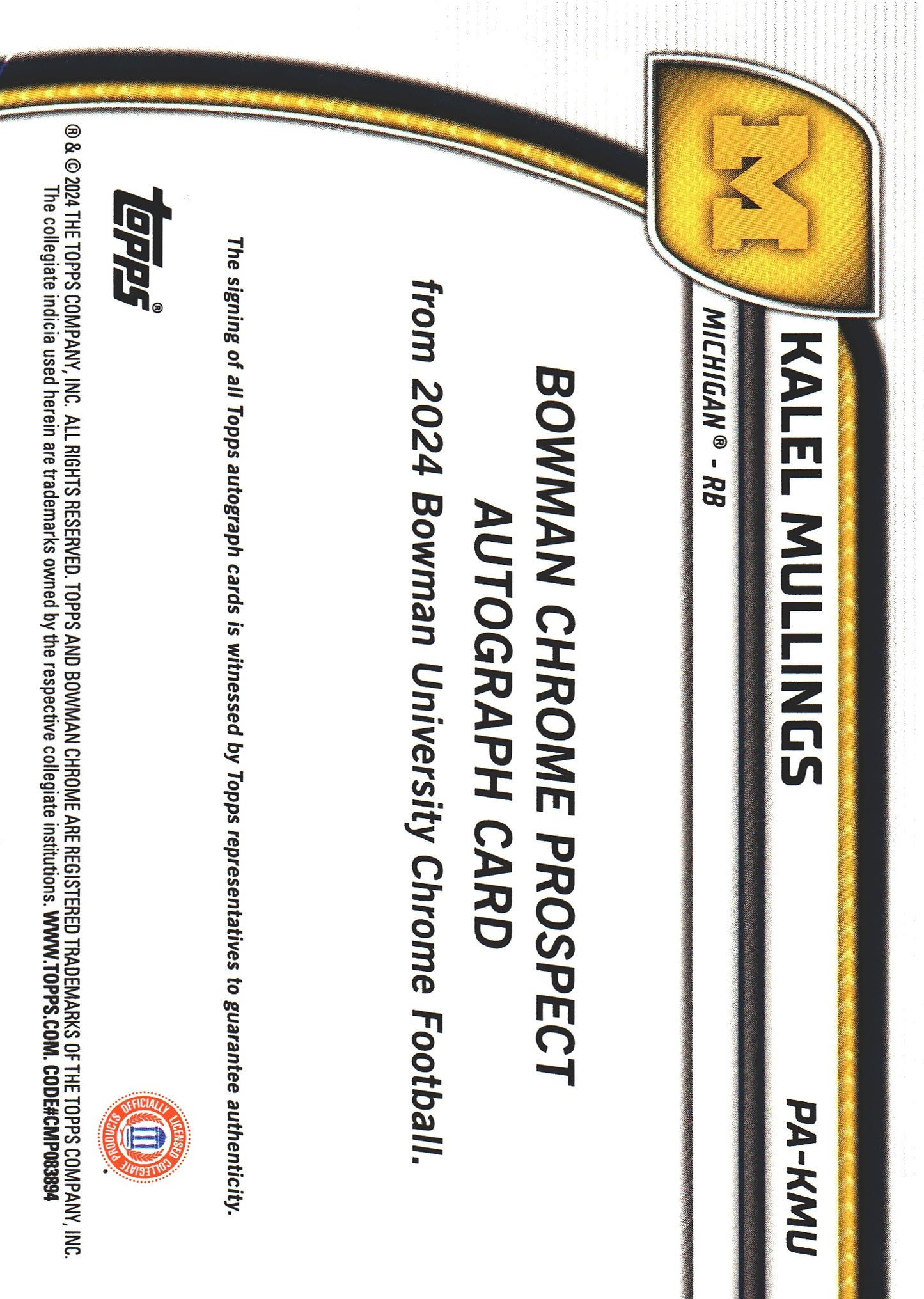 2024 Topps Bowman U Chrome Kalel Mullings 1st Autograph #PA-KMU Michigan Wolverines