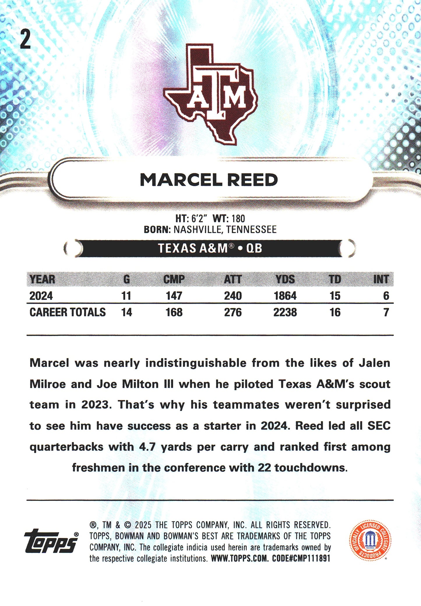 2025 Topps Bowman Best U Marcel Reed #2 Texas A&M Aggies
