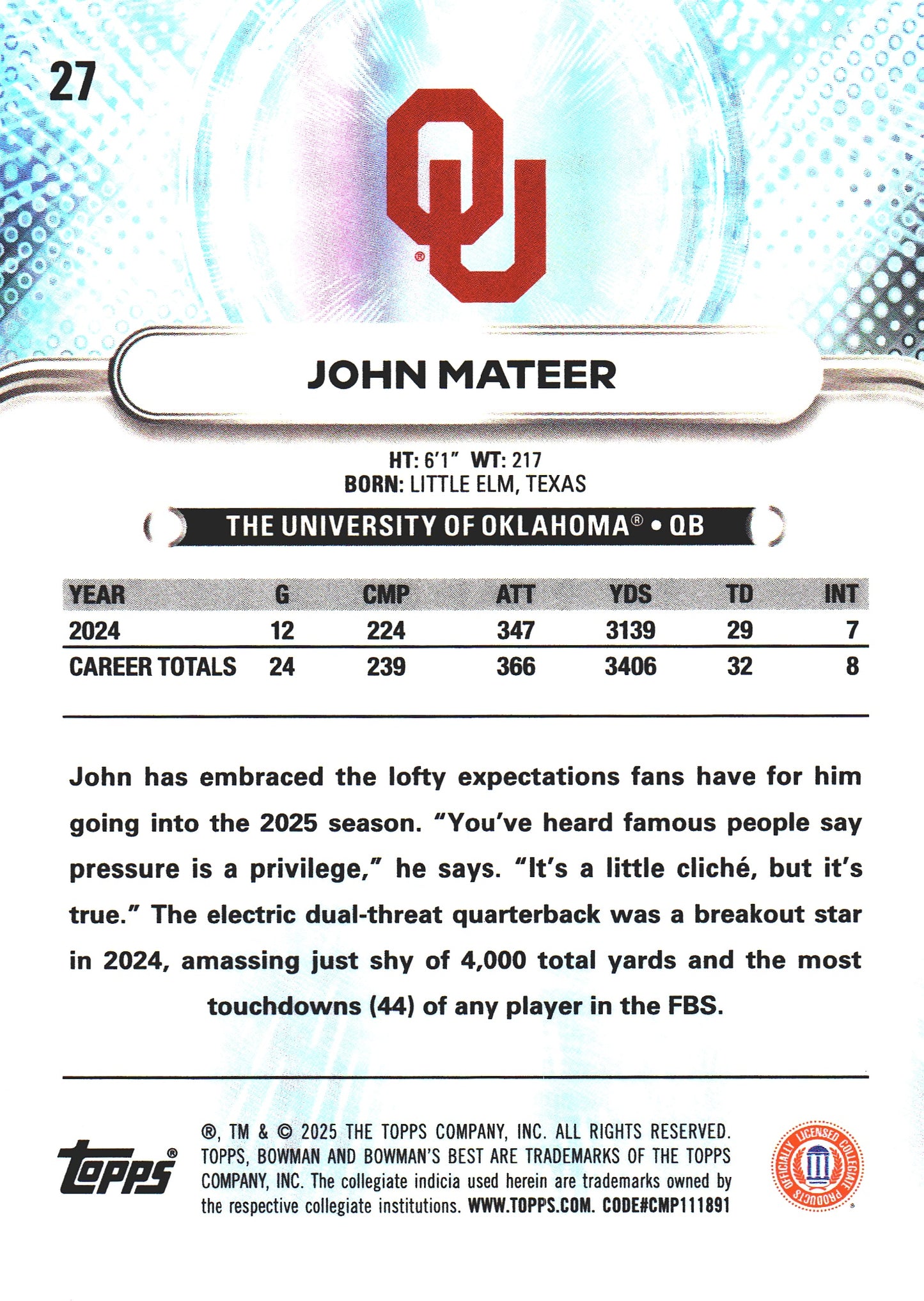 2025 Topps Bowman Best U John Mateer #27 Oklahoma Sooners
