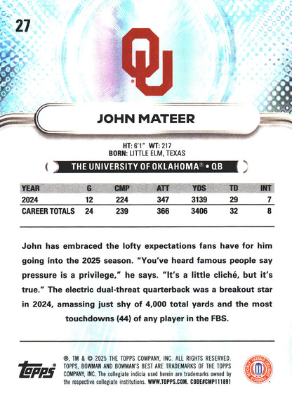 2025 Topps Bowman Best U John Mateer #27 Oklahoma Sooners