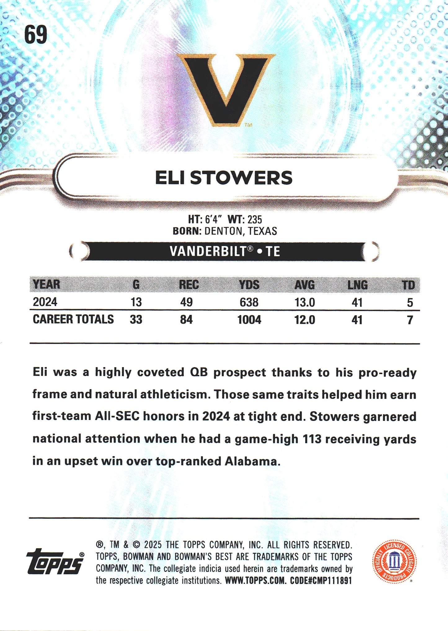 2025 Topps Bowman Best U Eli Stowers #69 Vanderbilt Commodores