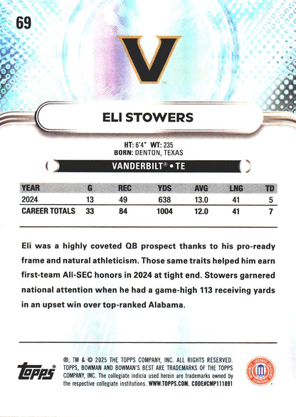 2025 Topps Bowman Best U Eli Stowers #69 Vanderbilt Commodores