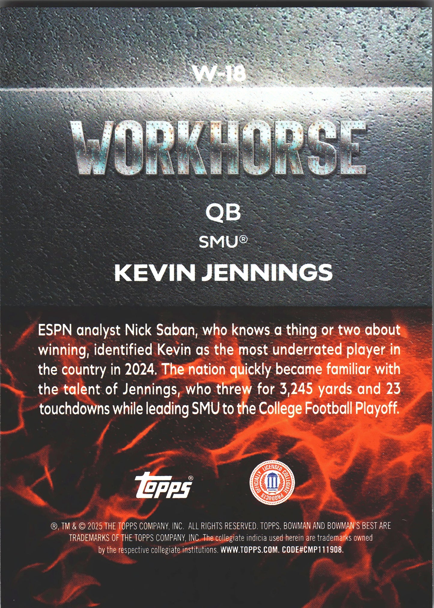 2025 Topps Bowman Best U Workhorse Kevin Jennings #W-18 SMU Mustangs