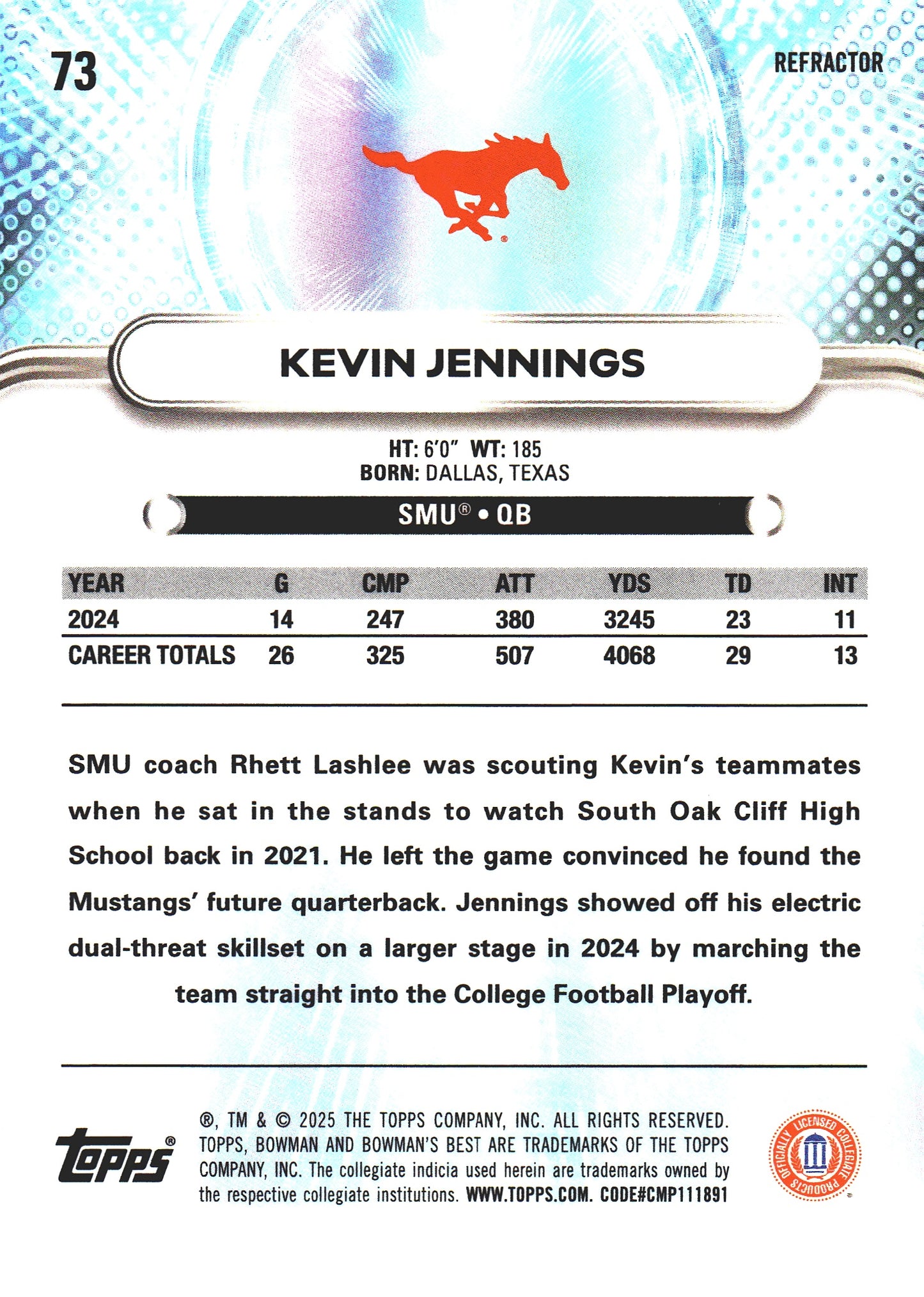 2025 Topps Bowman Best U Refractor Kevin Jennings #73 SMU Mustangs
