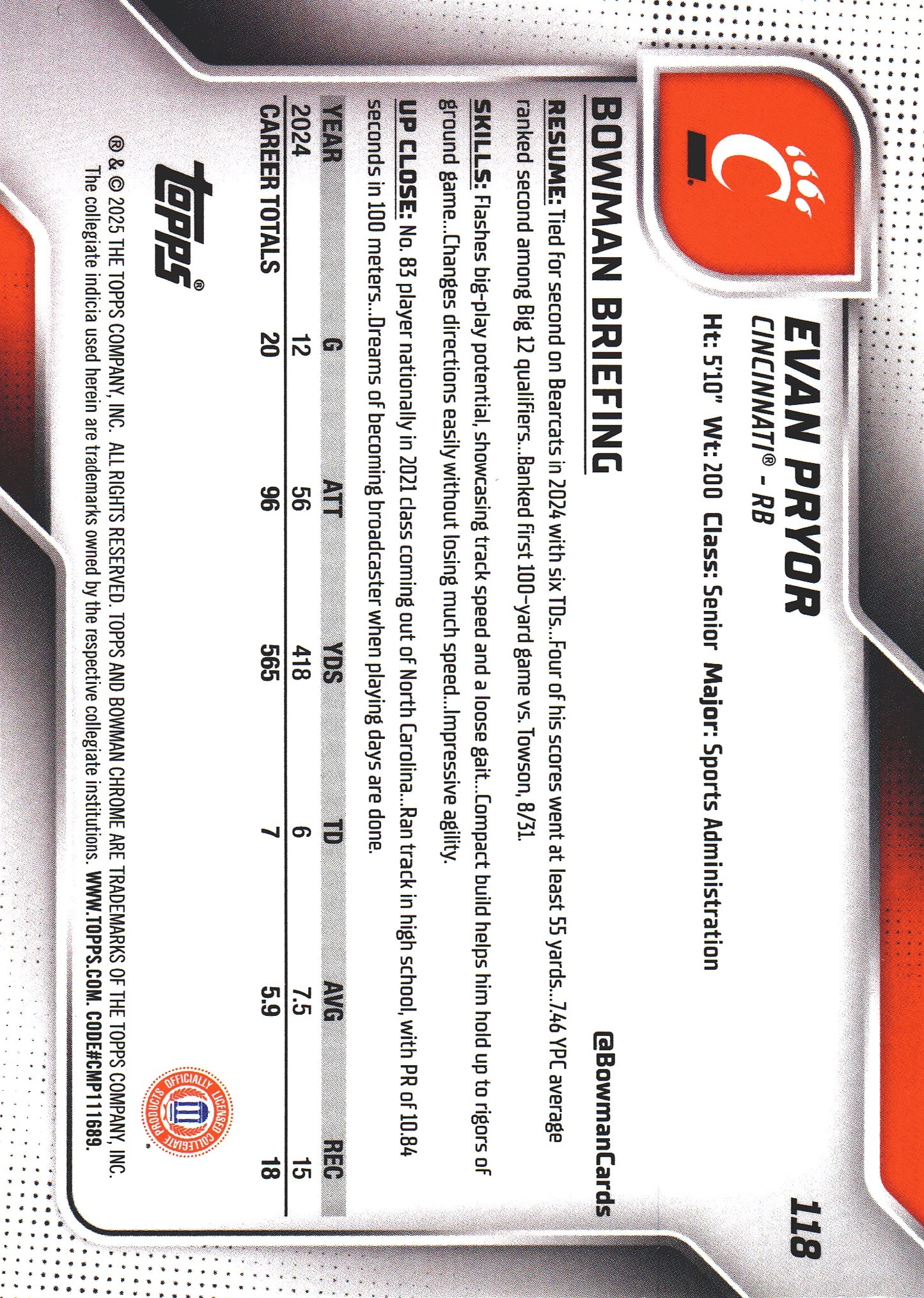 2025 Topps Bowman U Chrome X-Fractor Evan Pryor 1st #118 Cincinnati Bearcats
