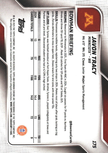2025 Topps Bowman U Chrome X-Fractor Javon Tracy 1st #175 Minnesota Golden Gophers