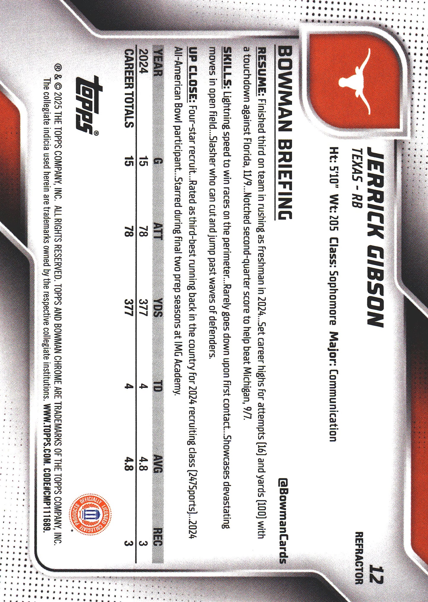 2025 Topps Bowman U Chrome Refractor Jerrick Gibson 1st #12 Texas Longhorns