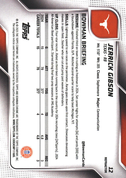 2025 Topps Bowman U Chrome Refractor Jerrick Gibson 1st #12 Texas Longhorns