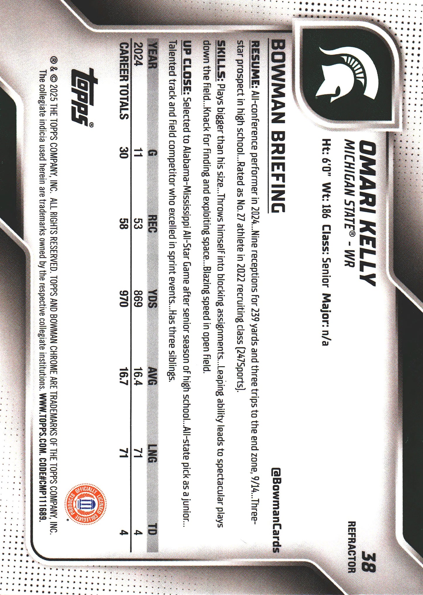 2025 Topps Bowman U Chrome Refractor Omari Kelly 1st #38 Michigan State Spartans