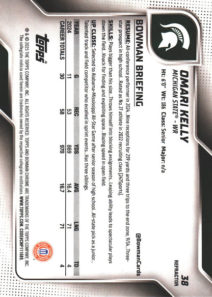 2025 Topps Bowman U Chrome Refractor Omari Kelly 1st #38 Michigan State Spartans