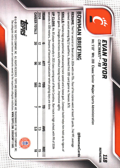 2025 Topps Bowman U Chrome Refractor Evan Pryor 1st #118 Cincinnati Bearcats