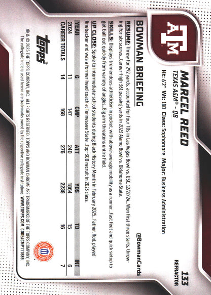 2025 Topps Bowman U Chrome Refractor Marcel Reed #133 Texas A&M Aggies