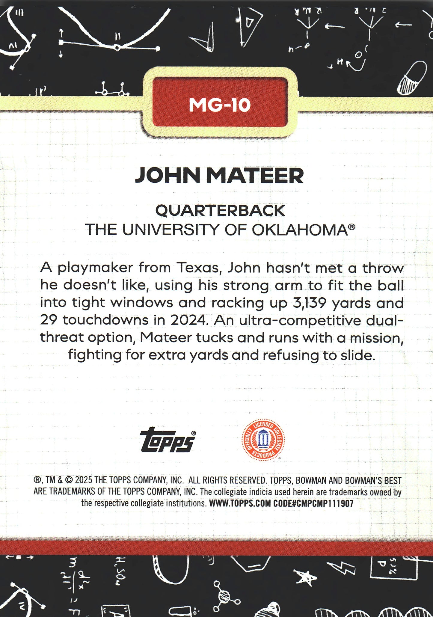 2025 Topps Bowman Best U Making the Grade John Mateer #MG-10 Oklahoma Sooners
