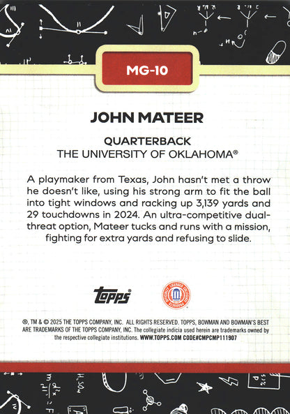 2025 Topps Bowman Best U Making the Grade John Mateer #MG-10 Oklahoma Sooners