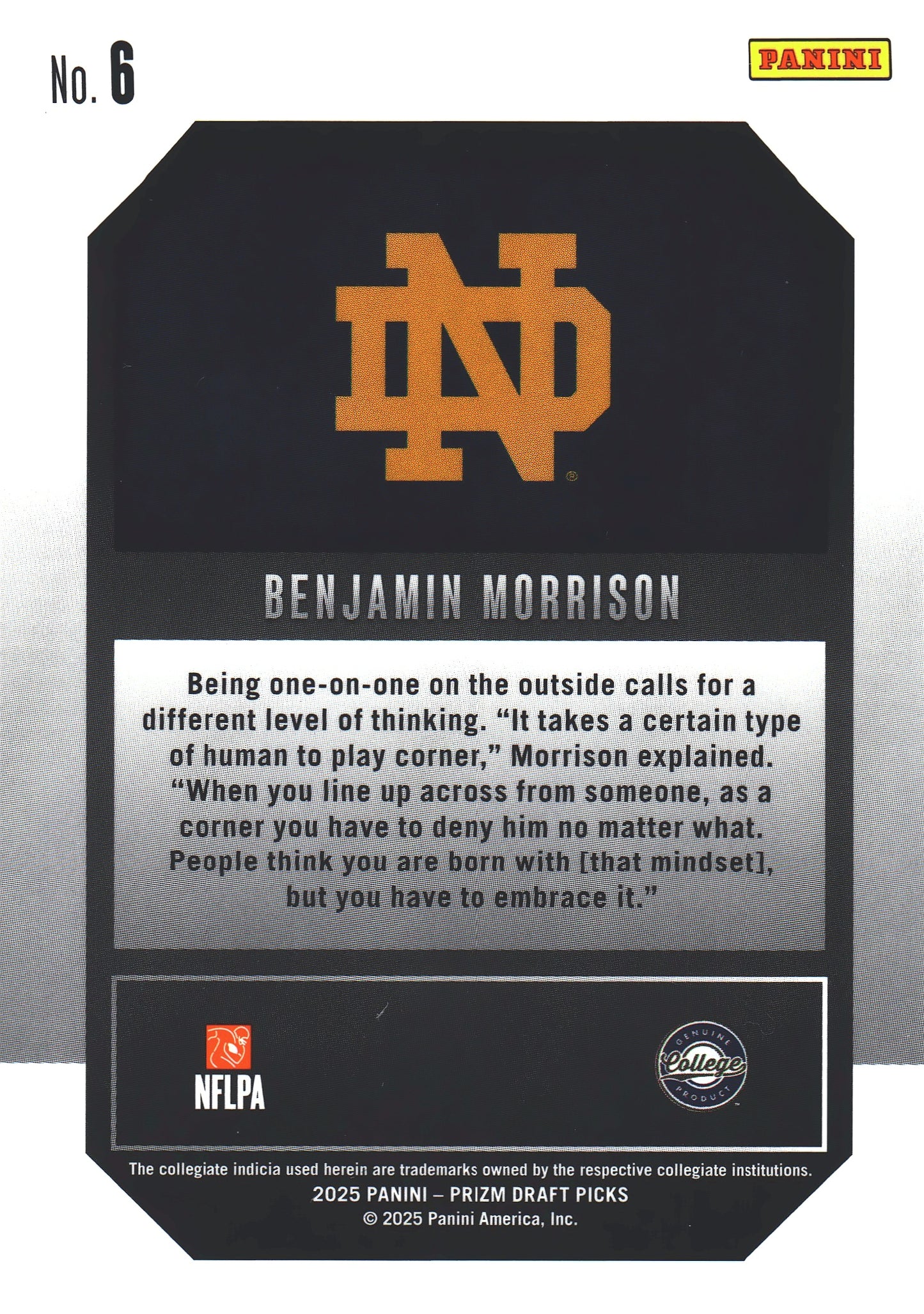 2025 Panini Prizm Draft Picks New Recruits Benjamin Morrison #6 Notre Dame Fighting Irish