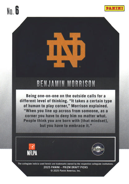 2025 Panini Prizm Draft Picks New Recruits Benjamin Morrison #6 Notre Dame Fighting Irish
