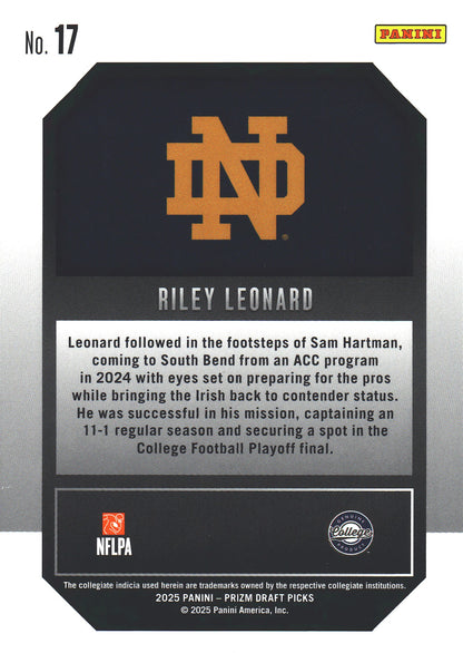 2025 Panini Prizm Draft Picks New Recruits Riley Leonard #17 Notre Dame Fighting Irish