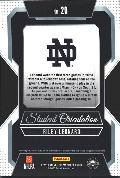2025 Panini Prizm Draft Picks Student Orientation Riley Leonard #20 Notre Dame Fighting Irish