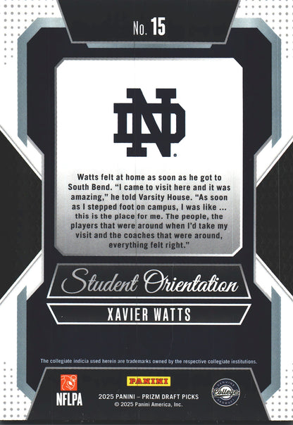 2025 Panini Prizm Draft Picks Student Orientation Xavier Watts #15 Notre Dame Fighting Irish