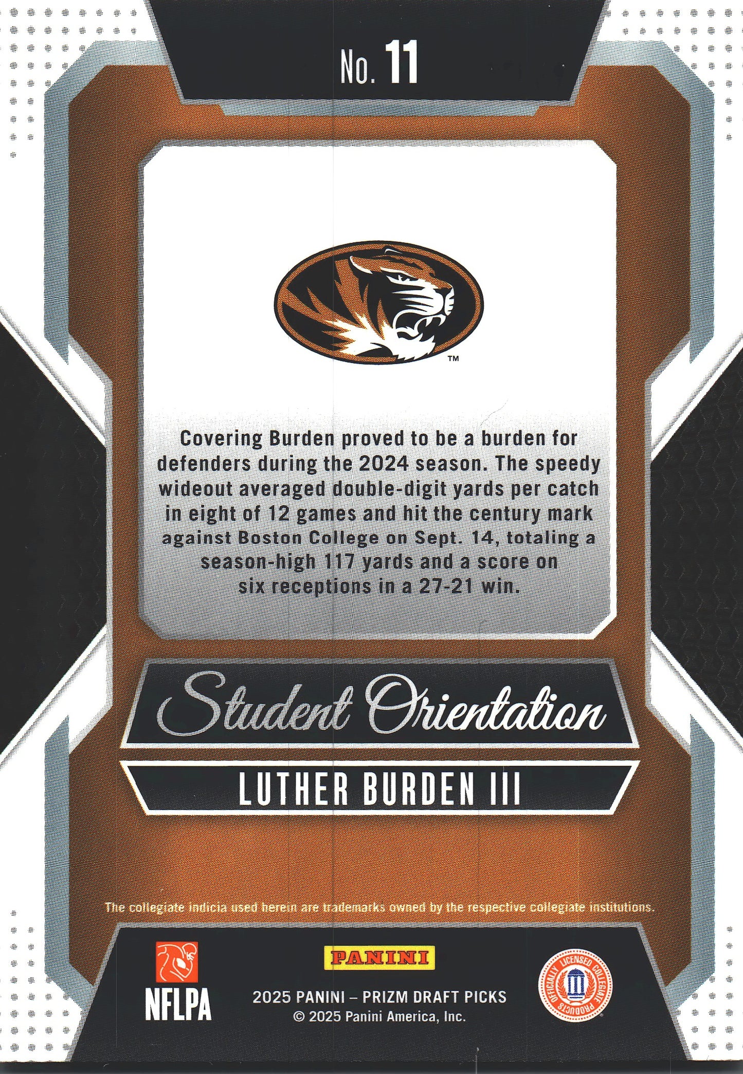 2025 Panini Prizm Draft Picks Student Orientation Luther Burden III #11 Missouri Tigers
