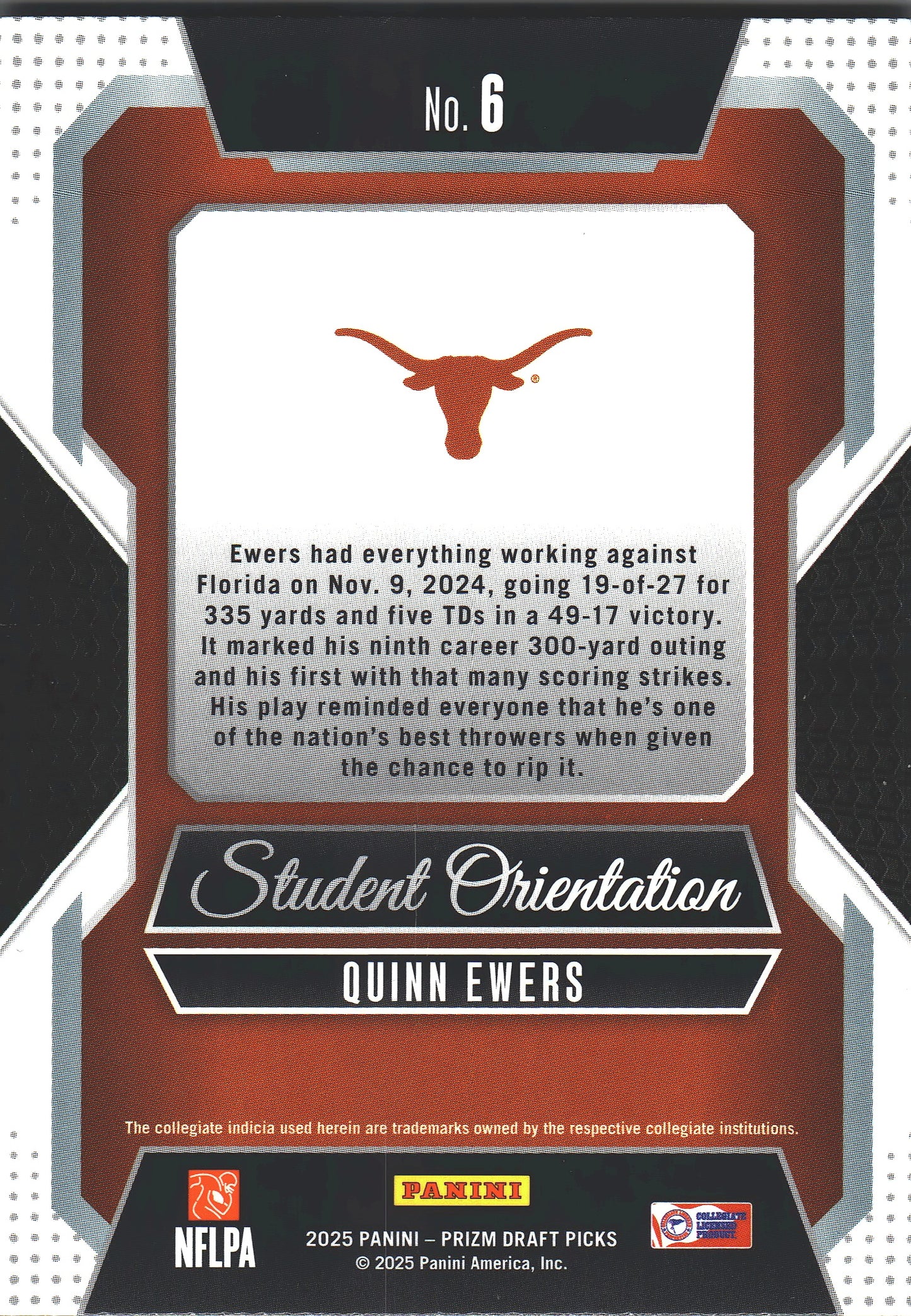 2025 Panini Prizm Draft Picks Student Orientation Quinn Ewers #6 Texas Longhorns