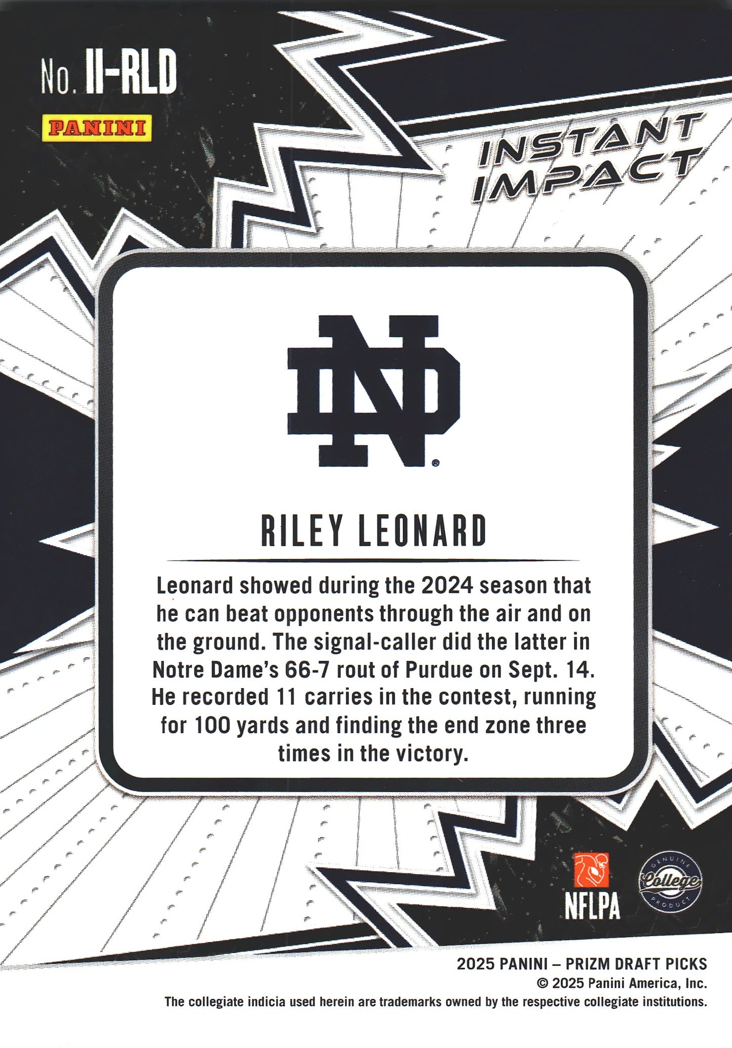 2025 Panini Prizm Draft Picks Instant Impact Riley Leonard #II-RLD Notre Dame Fighting Irish